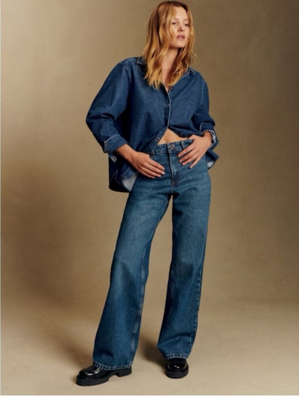 Sezane high waist in medium blue wash straight wide leg jeans Sz 34 US Sz 26